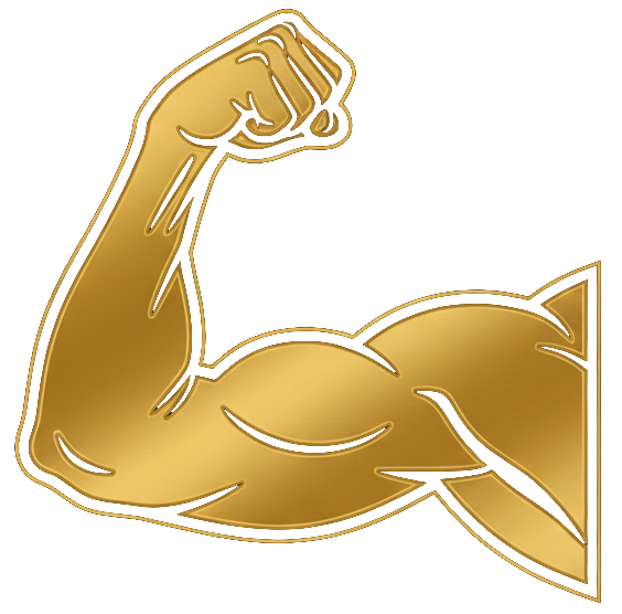 A gold-colored, stylized illustration of a flexed arm showing biceps muscle.