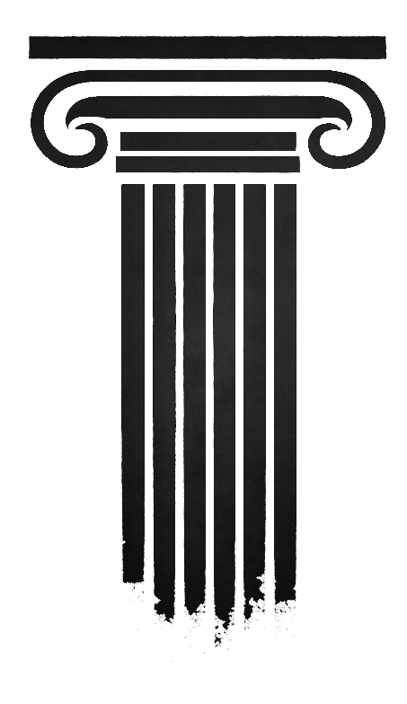 A black silhouette of a classical Ionic column with scroll-like volutes at the top and vertical fluted shaft.