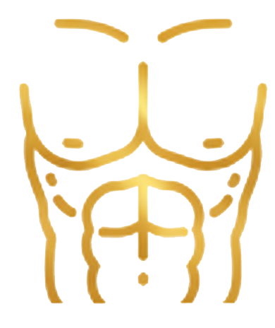 Stylized line drawing of a muscular male torso with defined abs, pectoral muscles, and arms, with some parts shaded in gold.