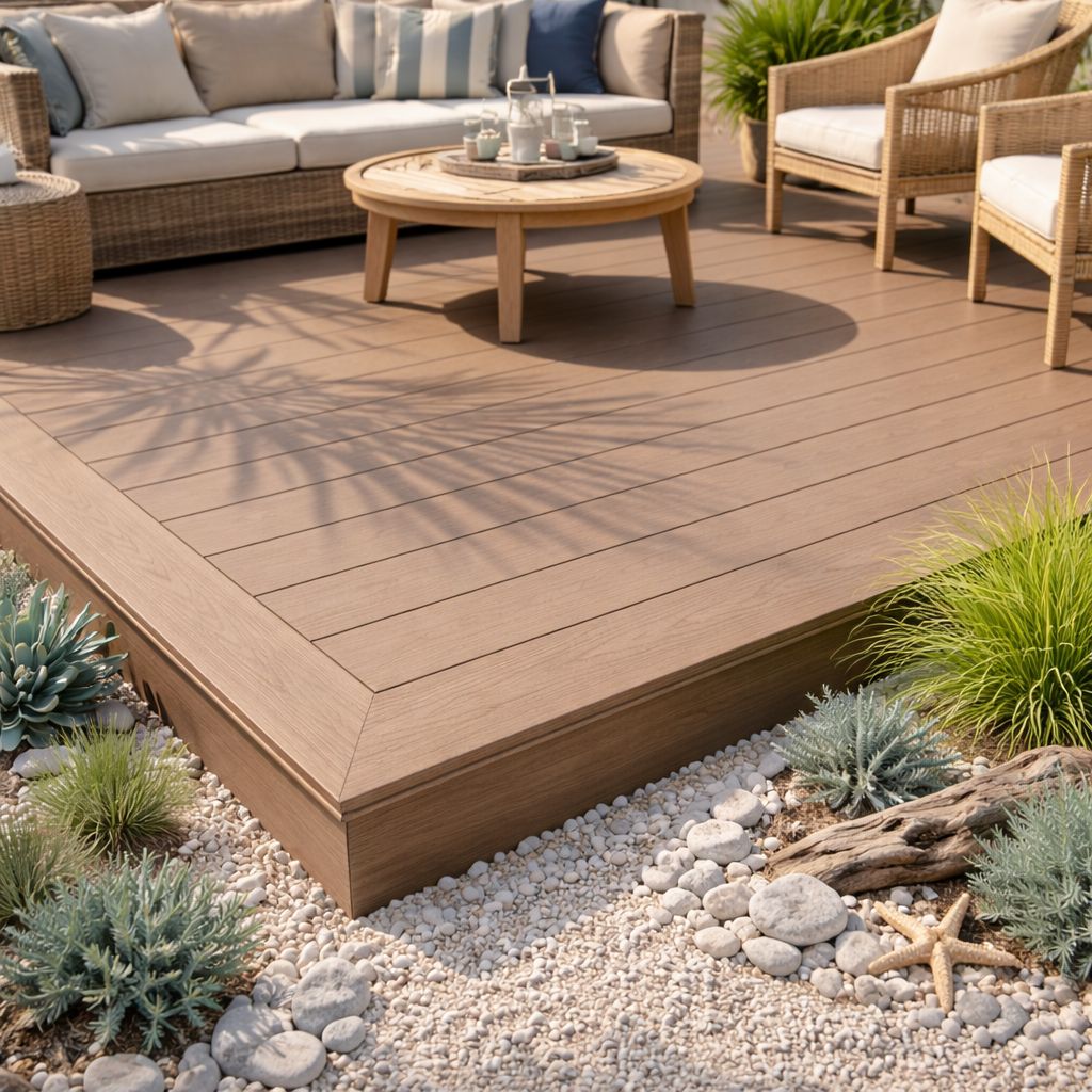 Outdoor patio with a wooden deck, featuring wicker patio furniture with white cushions and a round wooden coffee table. The area is decorated with potted plants, succulents, and rocks.