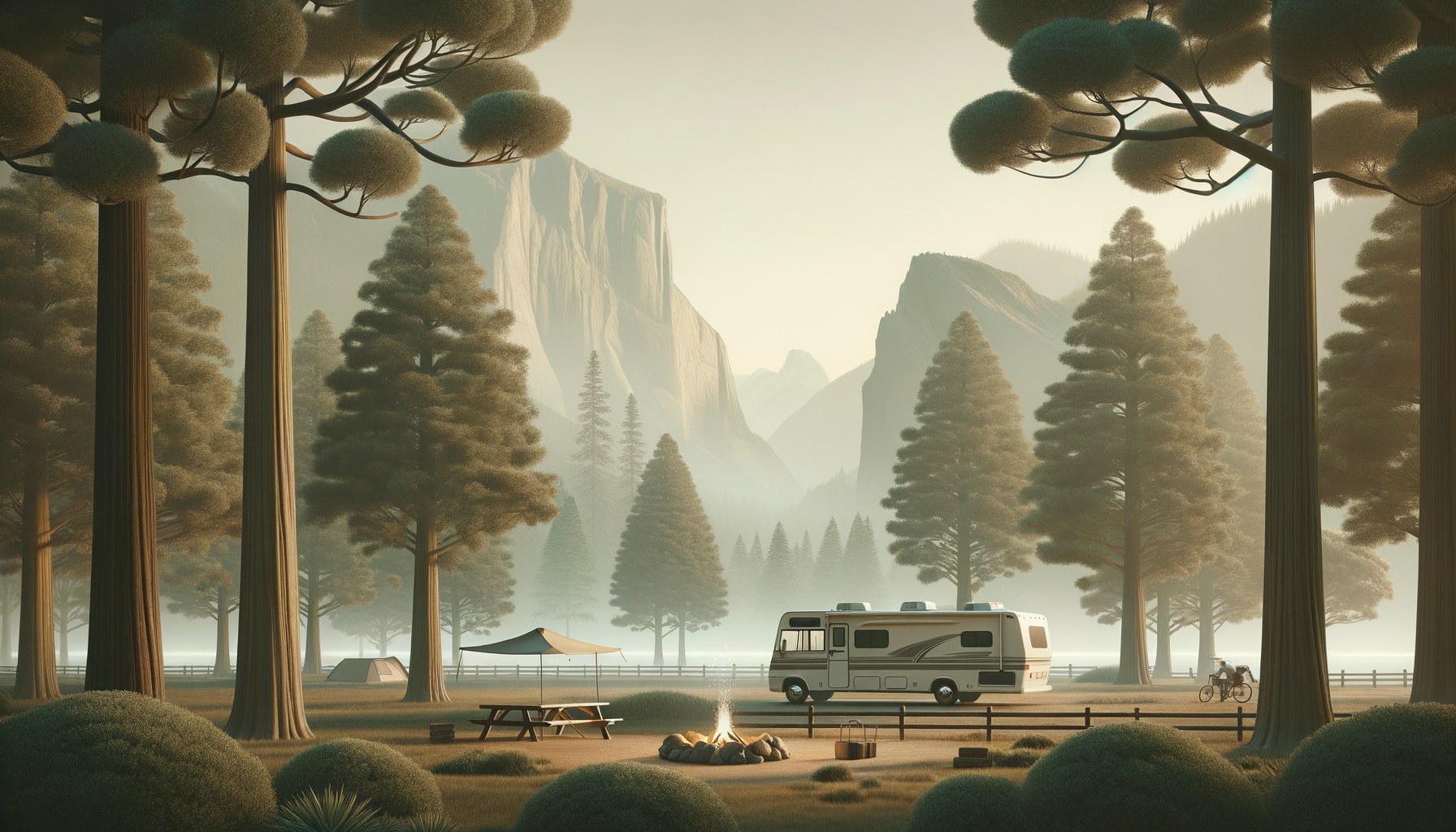Campground scene in a forest with tall trees, a camper trailer, a campfire, tents, picnic table, bicycle, and mountains in the background during daytime.