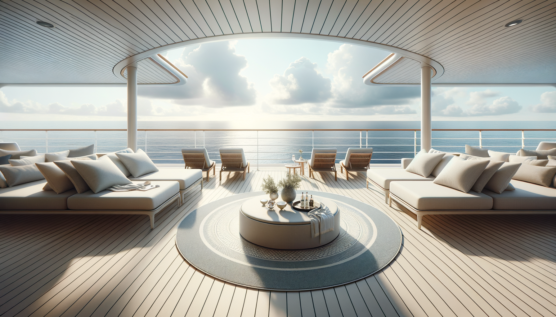 Luxury cruise ship deck with modern outdoor seating and ocean view