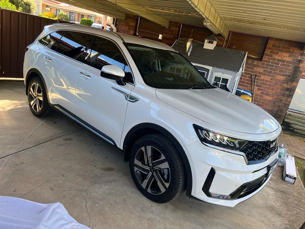 A white modern SUV parked under a carport on a concrete driveway in a residential backyard.