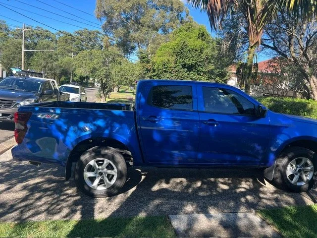 Blue pickup truck parked on a street next to trees and other vehicles under a clear blue sky.