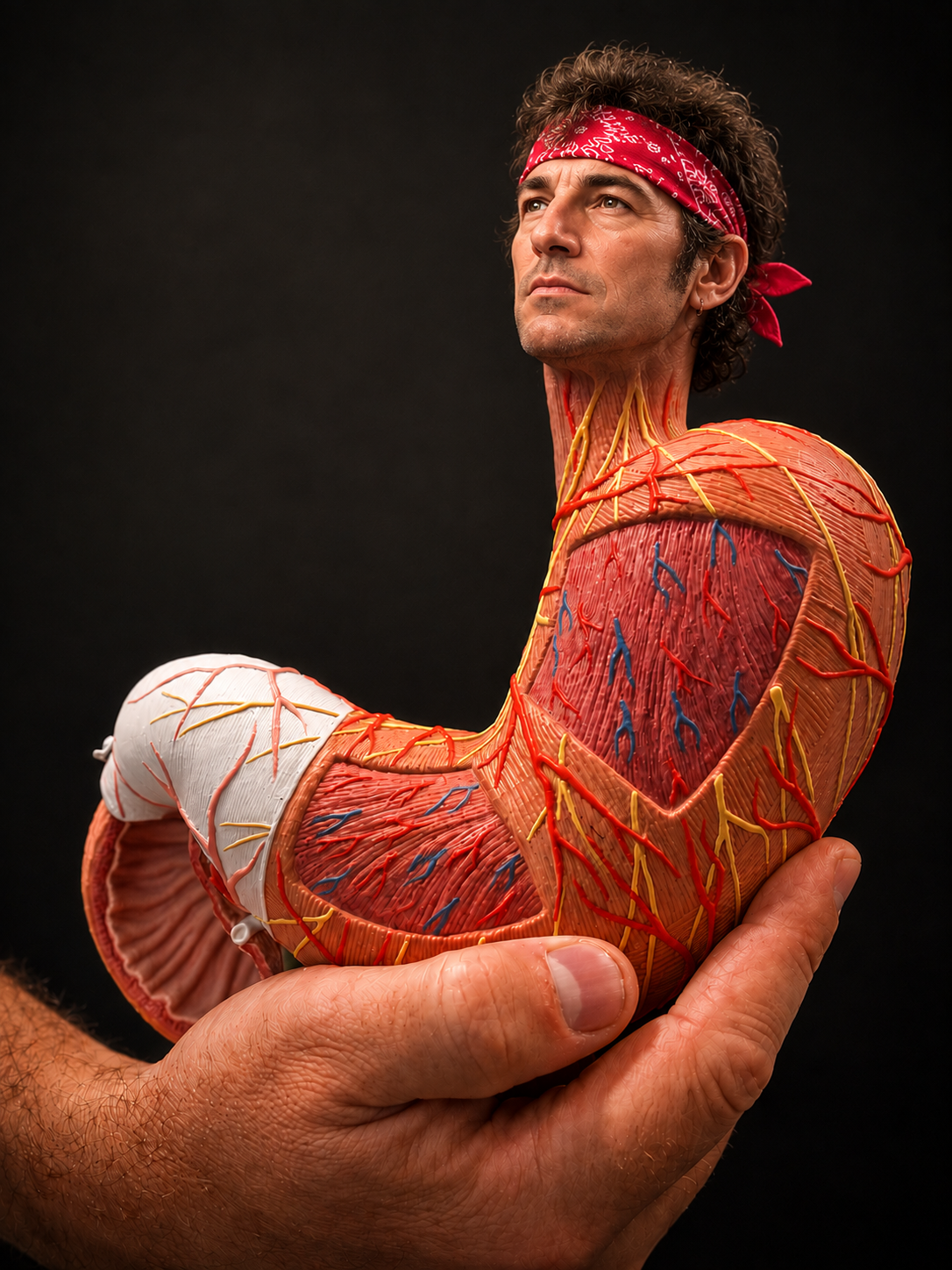 A person with a red bandana holding a model of a human stomach and upper digestive system against a black background.