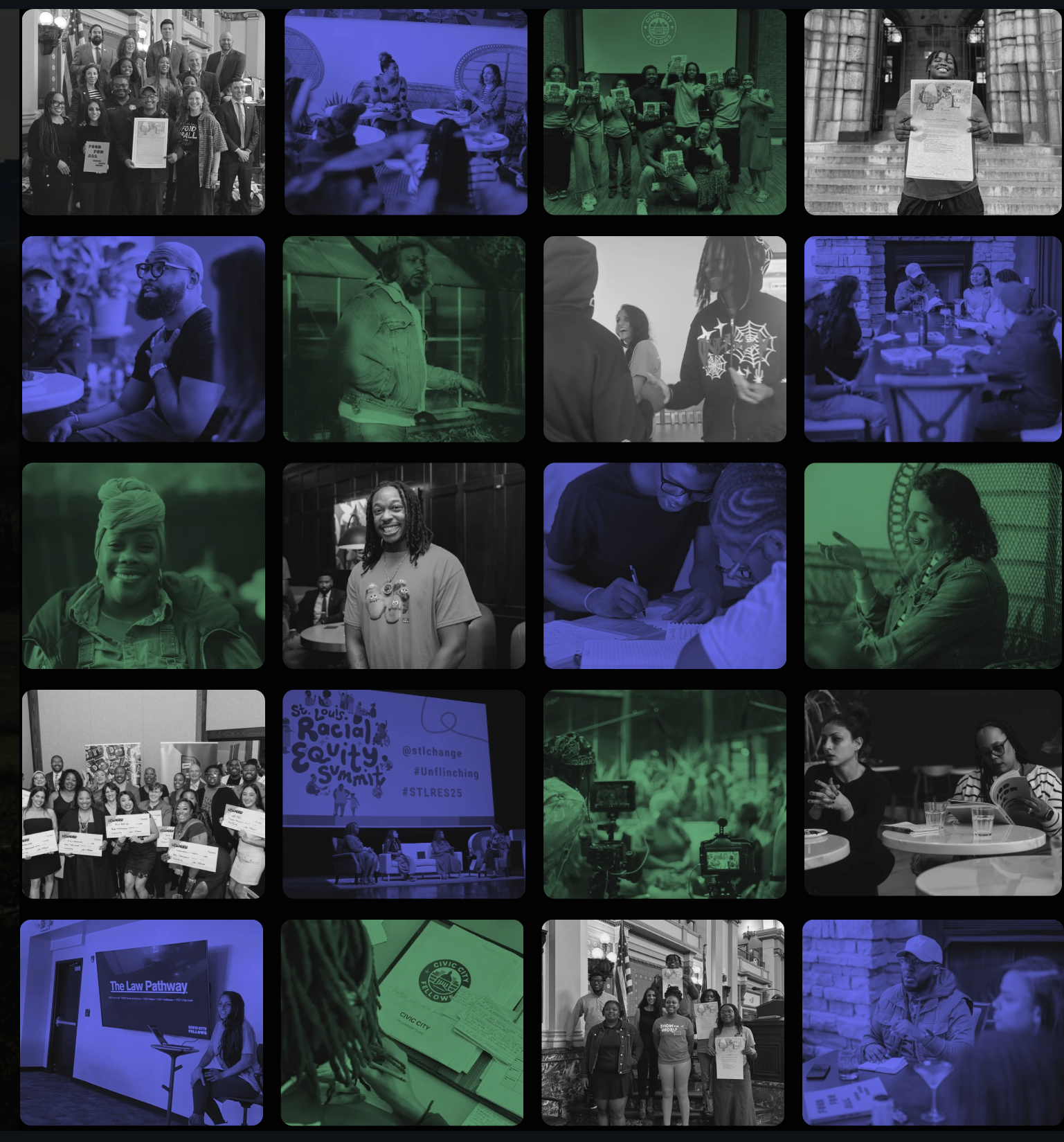 Collection of photos showing diverse groups of people participating in community events, discussions, and advocacy activities, including group photos, panel discussions, and social gatherings.