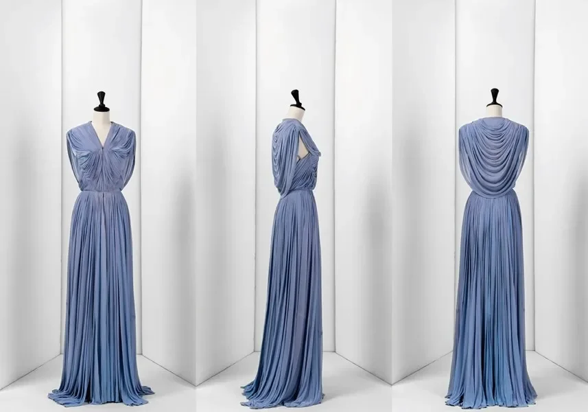 Vue en trois axes d’une robe drapée de Madame Grès.