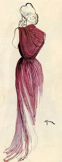 Illustration de Gruau représentant une robe drapée vue de dos, aux lignes fluides et silhouette élancée, dans l’esprit de Madame Grès.