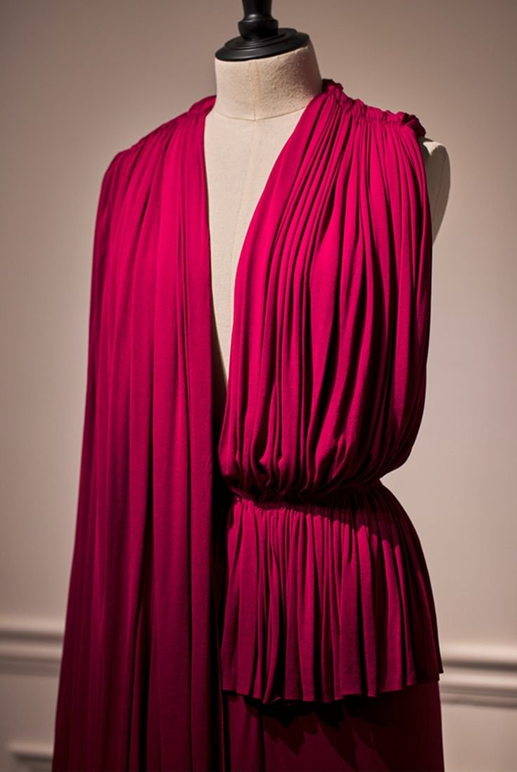 Robe drapée de Madame Grès présentée sur mannequin, en tissu fluide plissé et détail d’épaule prolongé.