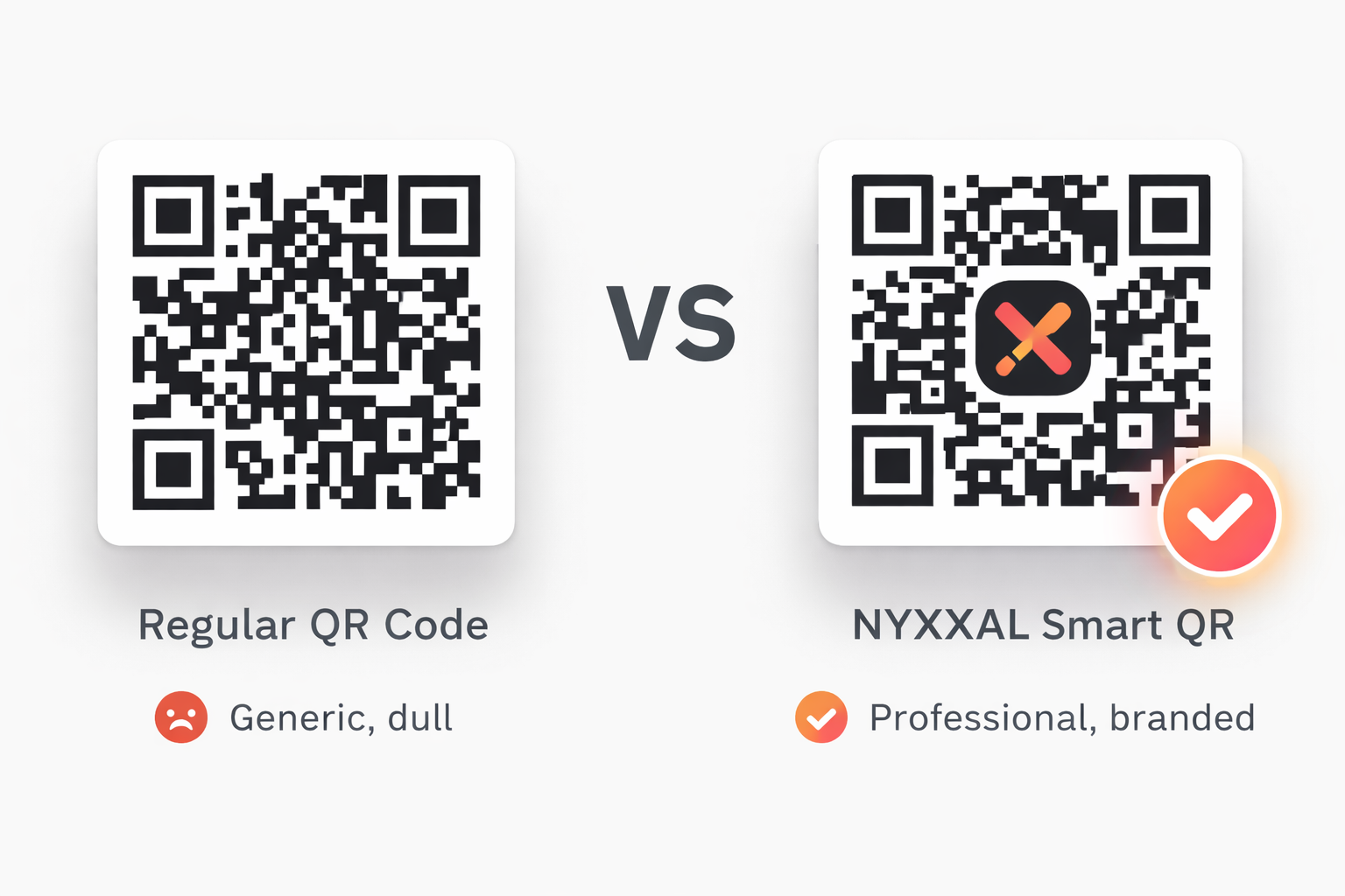 Comparison between a regular QR code and a NYXXAL Smart QR code, highlighting the latter as professional and branded, with a red checkmark indicating preference.