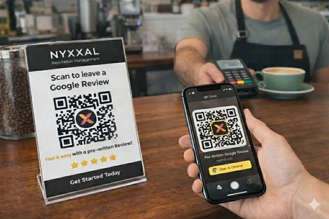 Person scanning QR code on phone at café counter, with sign advertising Google review, coffee cup, and coffee beans in background.