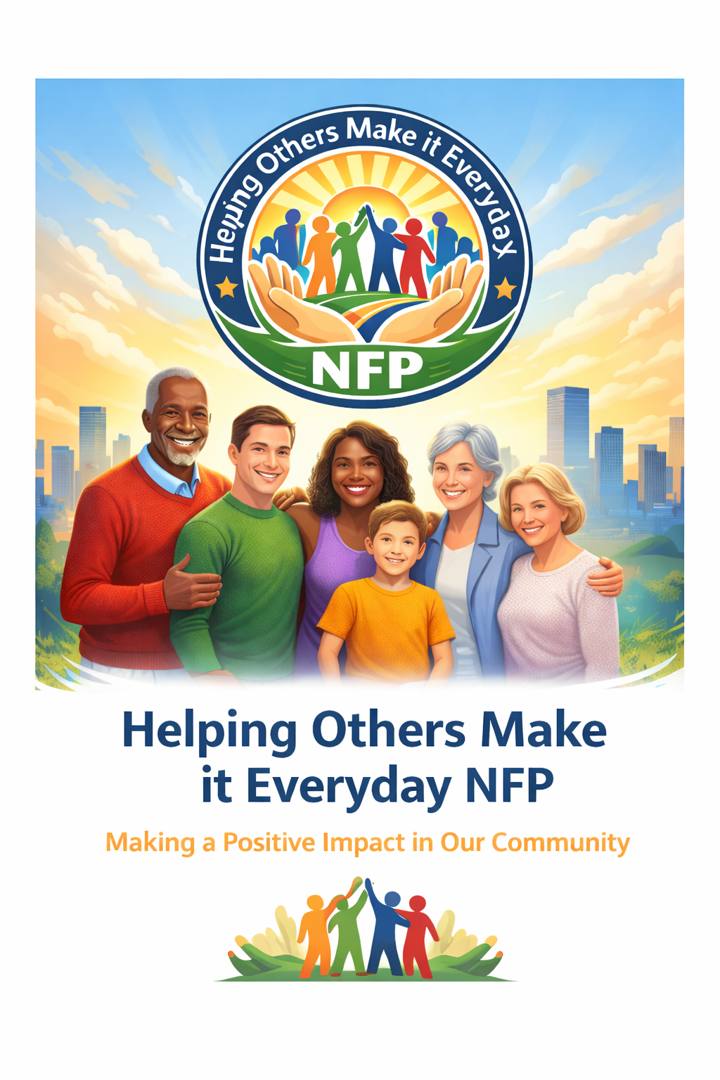 A colorful community-focused poster featuring smiling diverse people outdoors with a city skyline in the background. The logo at the top displays the text 'Helping Others Make it Everyday NFP' with a graphic of people holding hands within a circular design. Below, the text reads 'Helping Others Make it Everyday NFP' and 'Making a Positive Impact in Our Community.' A smaller graphic of people with raised hands is at the bottom.