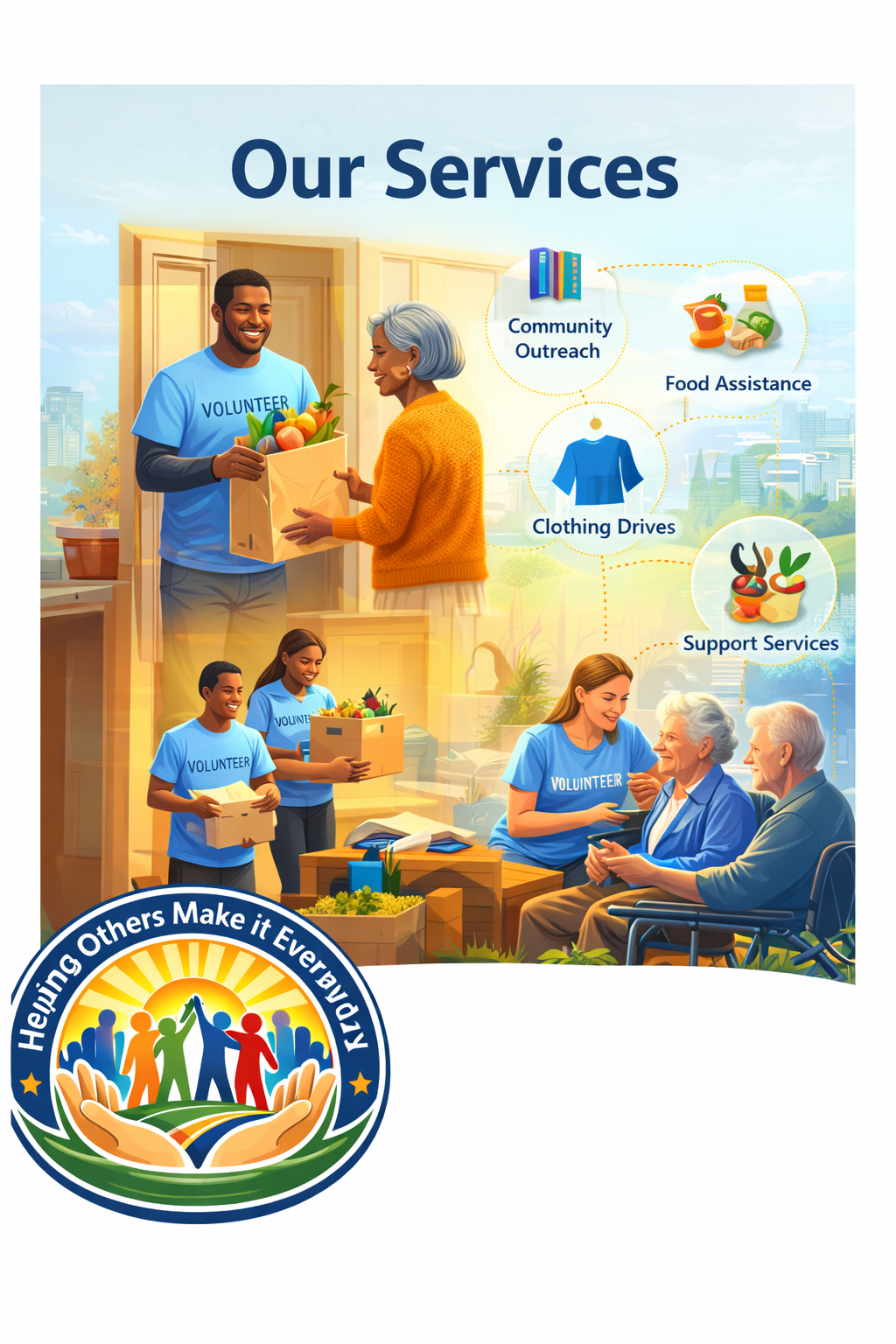 Illustration of community service activities by volunteers, including food distribution, clothing drives, community outreach, and support services, with a logo saying "Helping Others Make it Every Day."