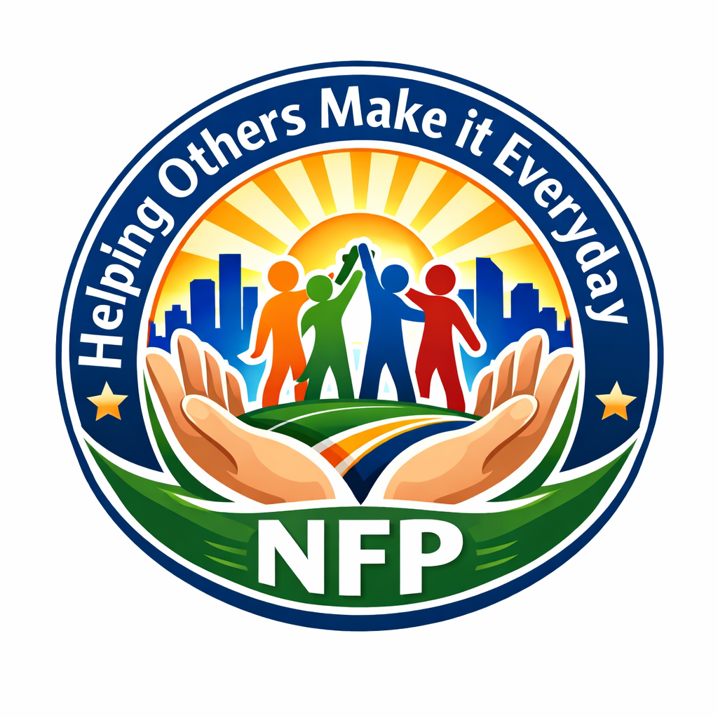 A logo with two hands holding a green landscape with a sun and city skyline in the background. Four multicolored figures are giving a high five in the center. The text on the logo reads 'Helping Others Make it Every Day' around the top and 'NFP' at the bottom.