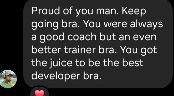 Text message in a black chat bubble encouraging a man with a small profile picture to keep going with his training, praising his efforts in sports bras.