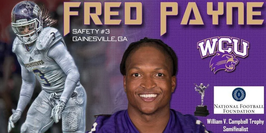 A collage featuring Fred Payne, a WCU football player, shown in a football uniform and helmet, with a smiling portrait in a purple jersey. Text indicates he is Safety #3 from Gainesville, GA, and a semifinalist for the William V. Campbell Trophy. The collage includes the WCU logo, a football trophy, and a purple background.