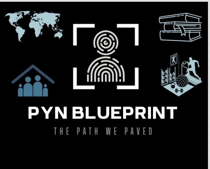 Cover of PYN Blueprint book with world map, fingerprint scanner, stack of books, family figure, and exercise equipment illustrations.