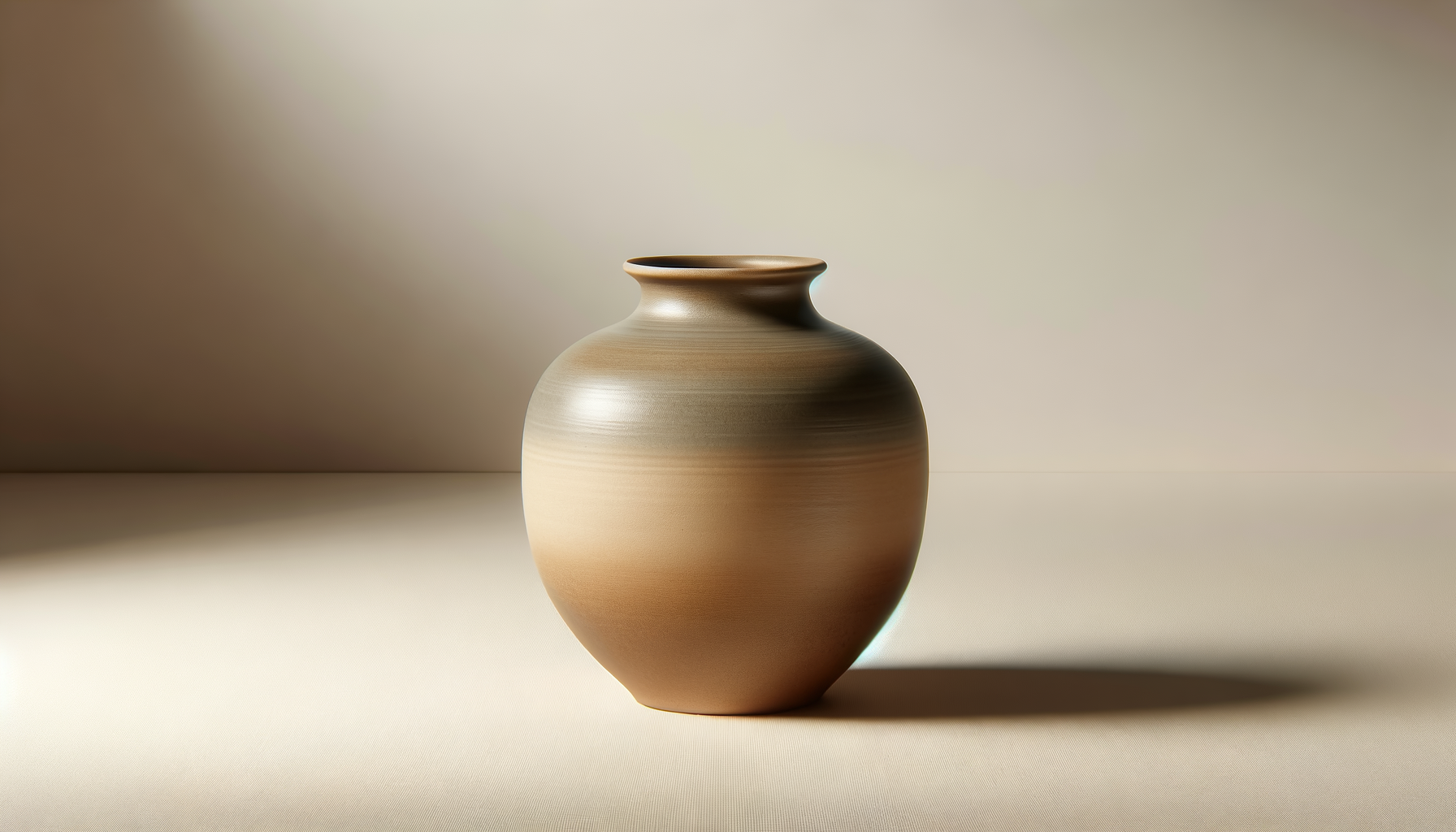A beige ceramic vase with a rounded body and narrow opening, placed on a neutral surface with soft lighting creating gentle shadows.