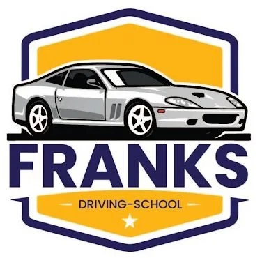 Logo for Franks Driving School featuring a silver sports car and a shield-shaped background with yellow, navy, and white colors.