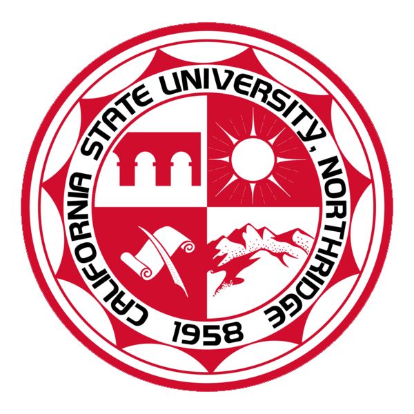 Seal of California State University, Northridge, features a red and white design with four quadrants: a bridge, a sun, a scroll and mountains, and surrounding text with the university's name and founding year, 1958.