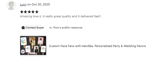 A screenshot of an online review for custom face fans with handles, showing five fans with personalized party and wedding favors, and a five-star rating. The review is positive, praising the quality and quick delivery.