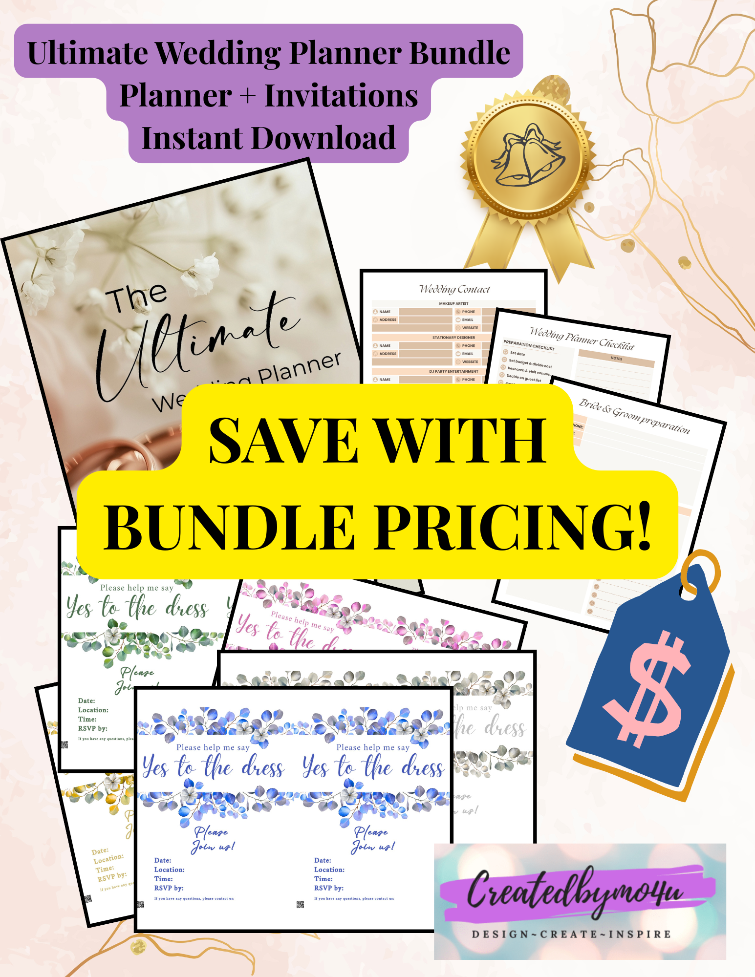 Ultimate Wedding Planner Bundle | Planner, Invitations & Say Yes Dress Templates | Digital Download
