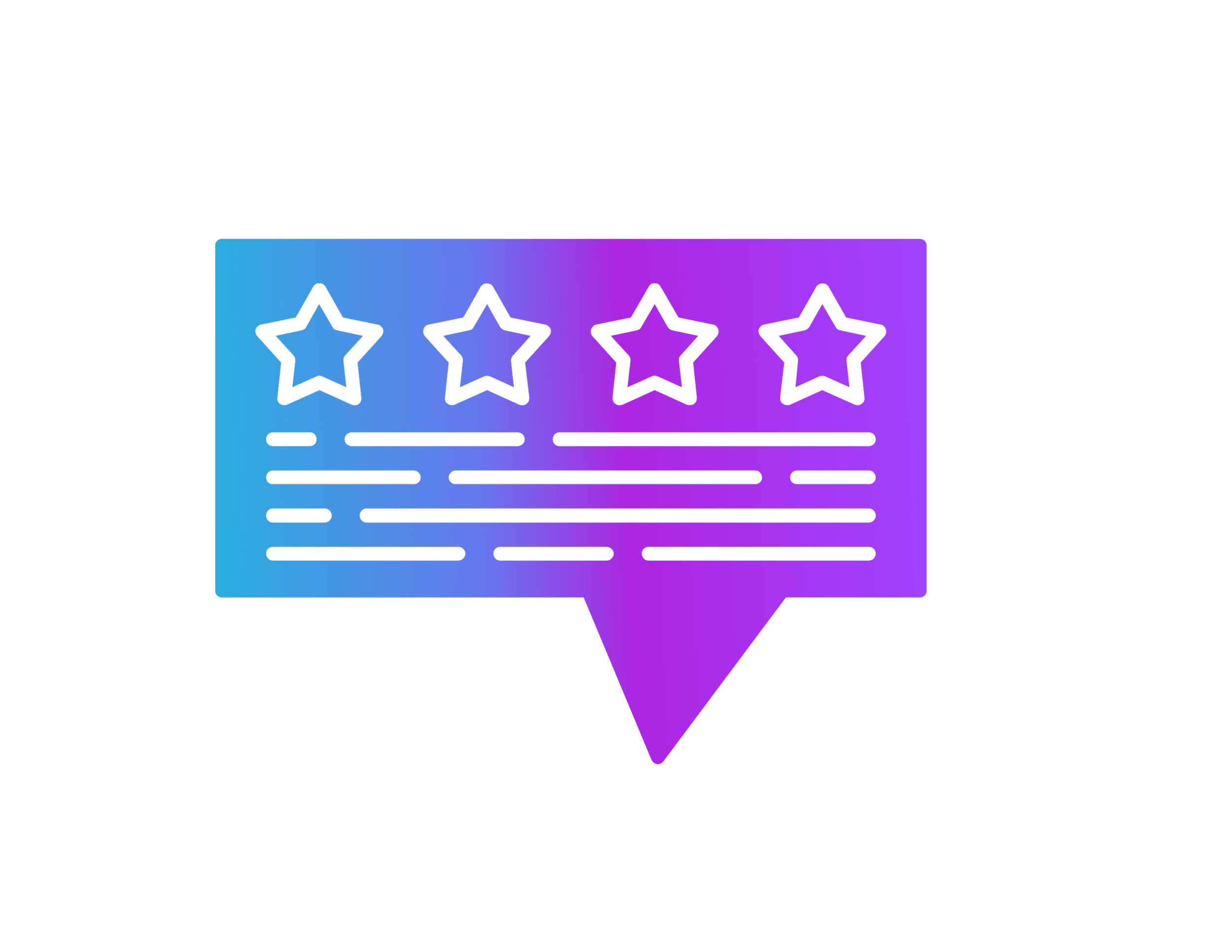 A digital graphic of a speech bubble with a gradient blue and purple background, containing four outlined stars and lines representing text.