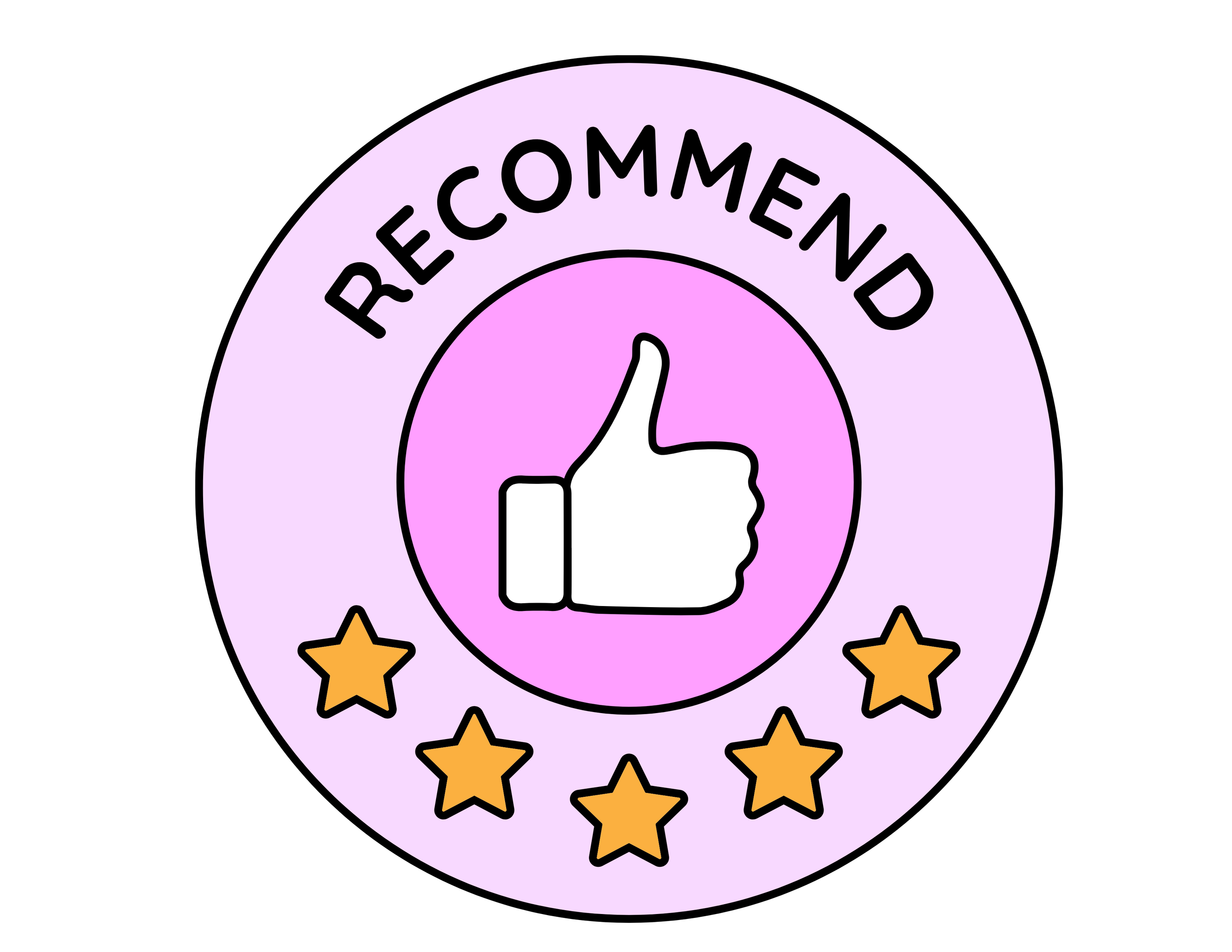 A circular badge with a black background and a purple outer ring. The text "RECOMMEND" is curved at the top in black, and there are six orange stars at the bottom. Inside, there is a pink circle with a white thumbs-up icon outlined in black.