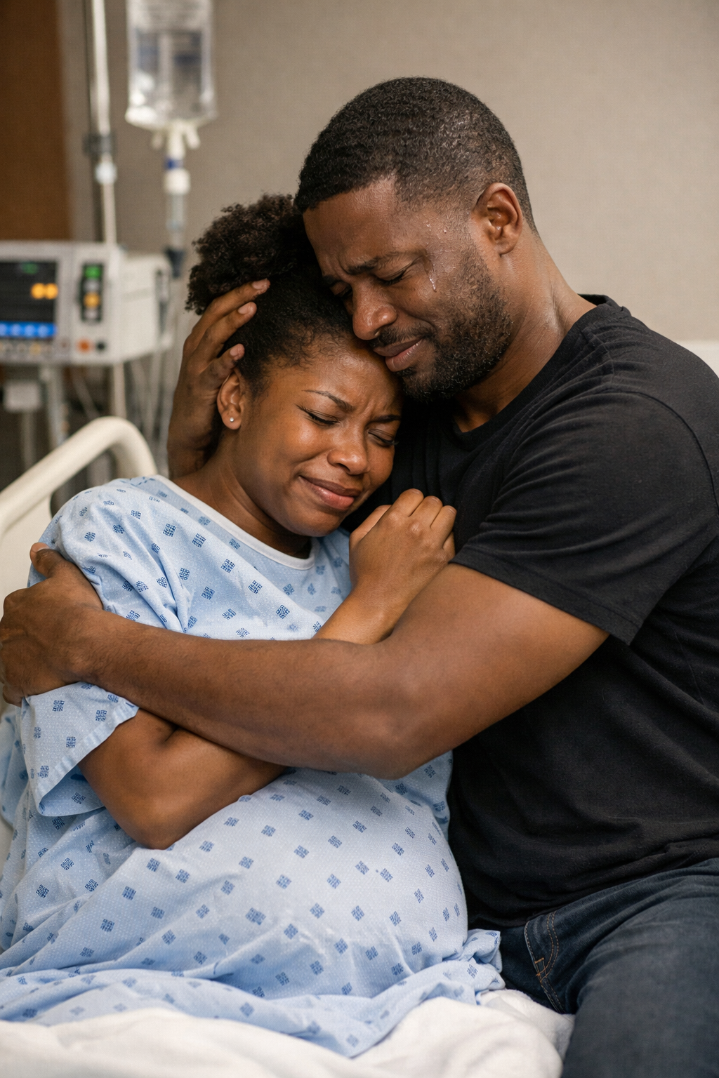 A woman in a hospital gown and a man are emotionally embracing, appearing upset or in distress, in a hospital room.