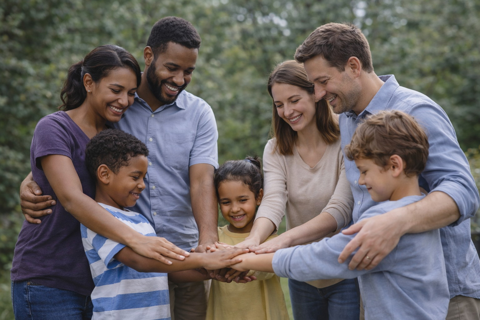Family of six with three adults and three children standing outdoors in a circle, with their hands stacked together, smiling and looking at each other in a park or wooded area.