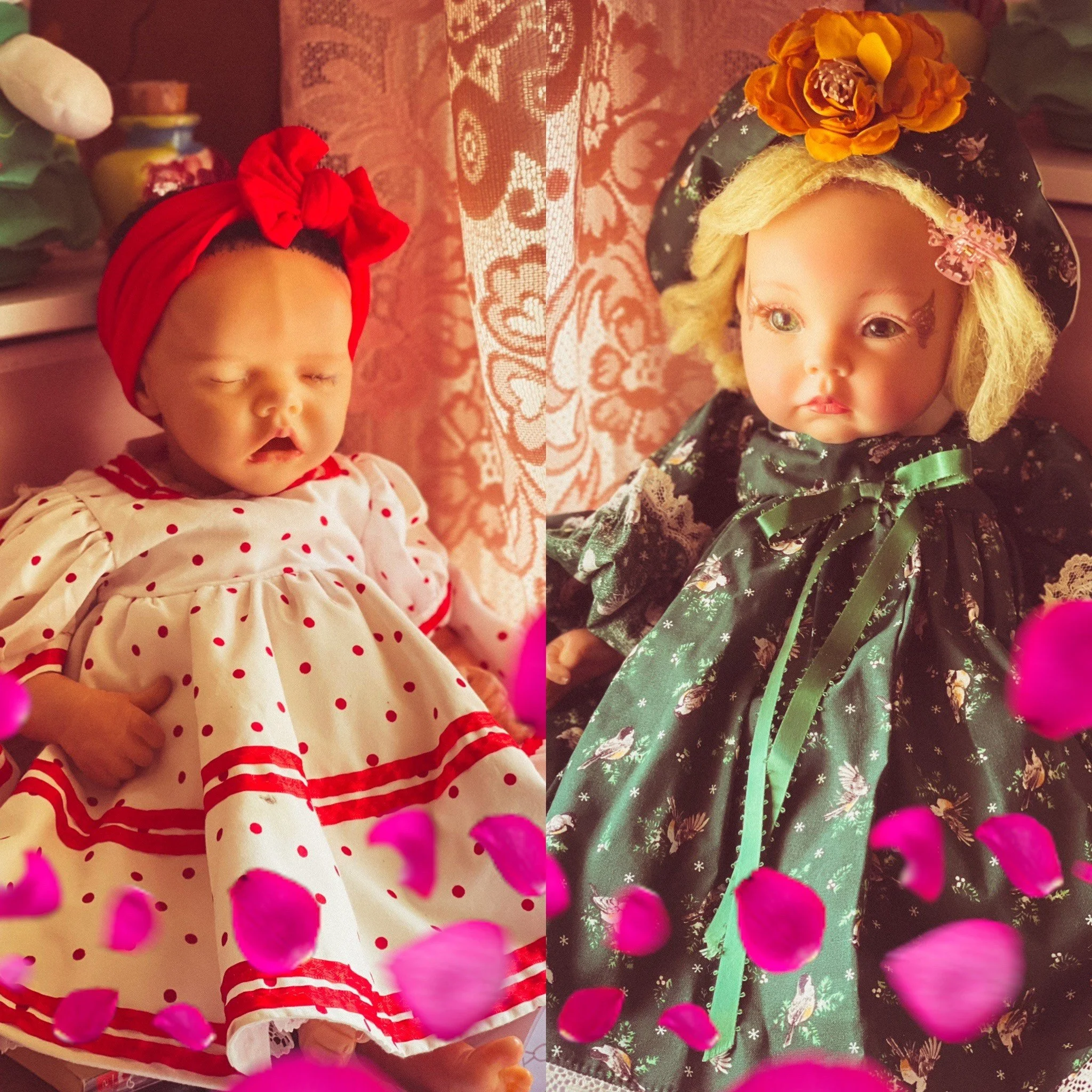 Two dolls dressed in vintage-style clothing, with pink rose petals in the foreground.
