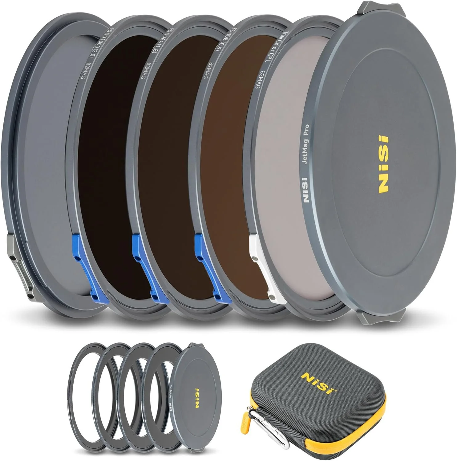 A set of camera filters with a carrying case and filter rings.