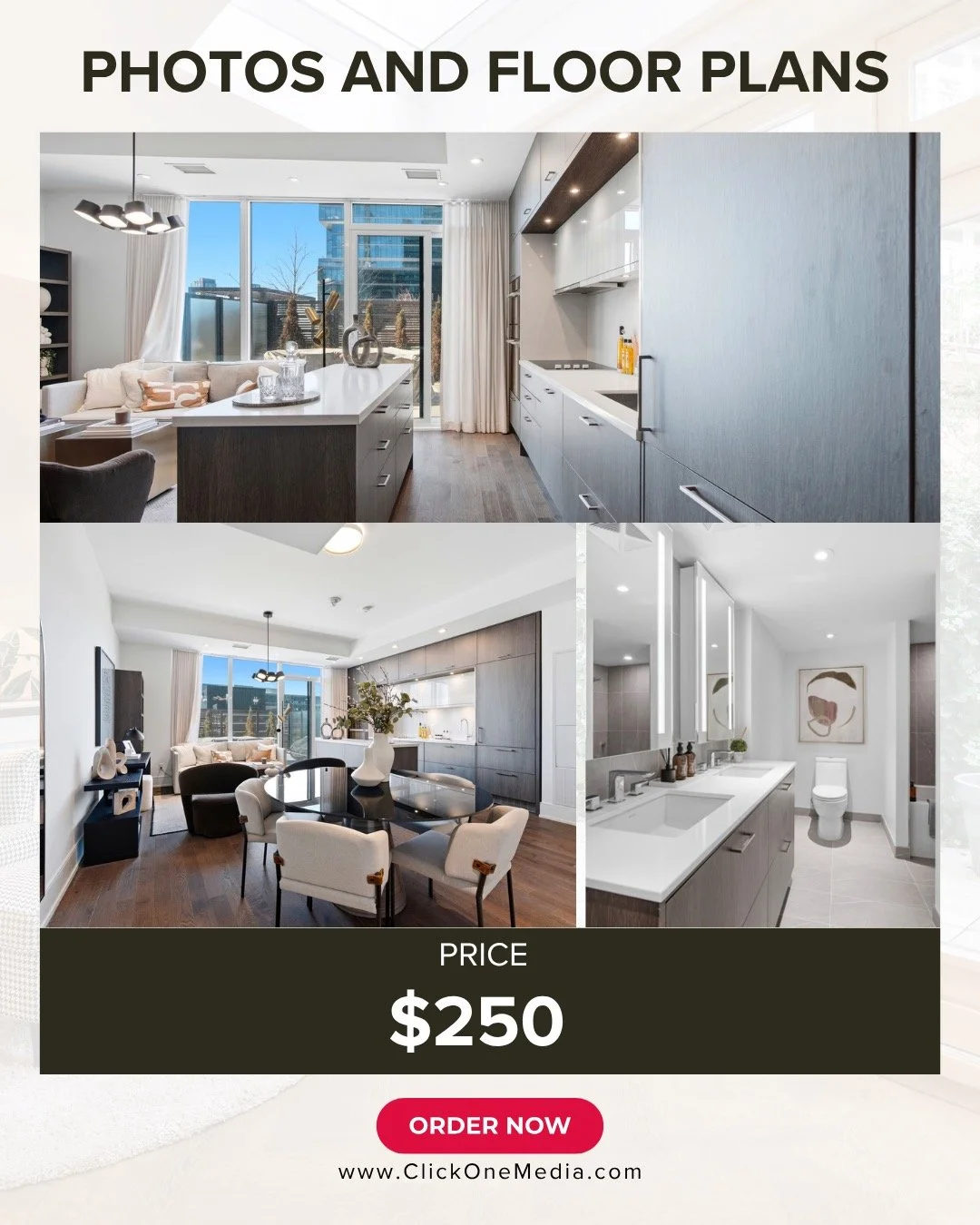 Photos &amp; Floor Plans $250 | Real Estate Photography www.clickonemedia.com

Former Realtor Providing You With Consistent, Stress Free, Reliable Solutions for Your Listings.

&bull; Lease Photos
&bull; Listing Photos
&bull;&nbsp;Floor Plans
&bull;&