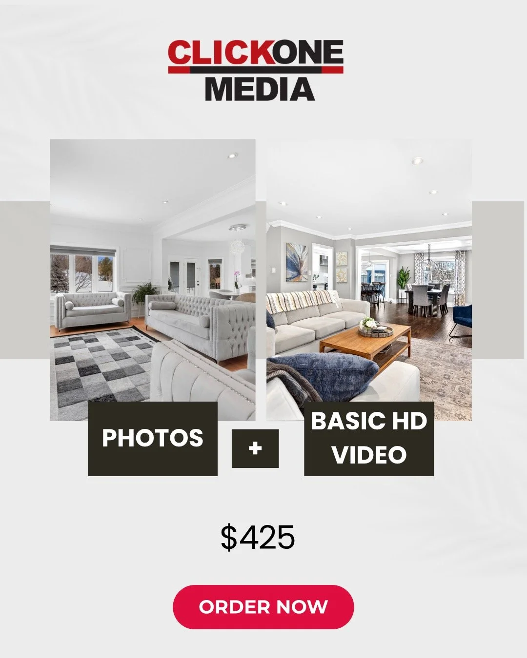 Two Great Options for Your Listing! Photos with Basic HD Video for $425 OR Get the Photos with PREMIUM 4K Cinematic Video for $475. Add Drone for ONLY $75

Real Estate Media www.clickonemedia.com 

Former Realtor Providing You With Consistent, Stress