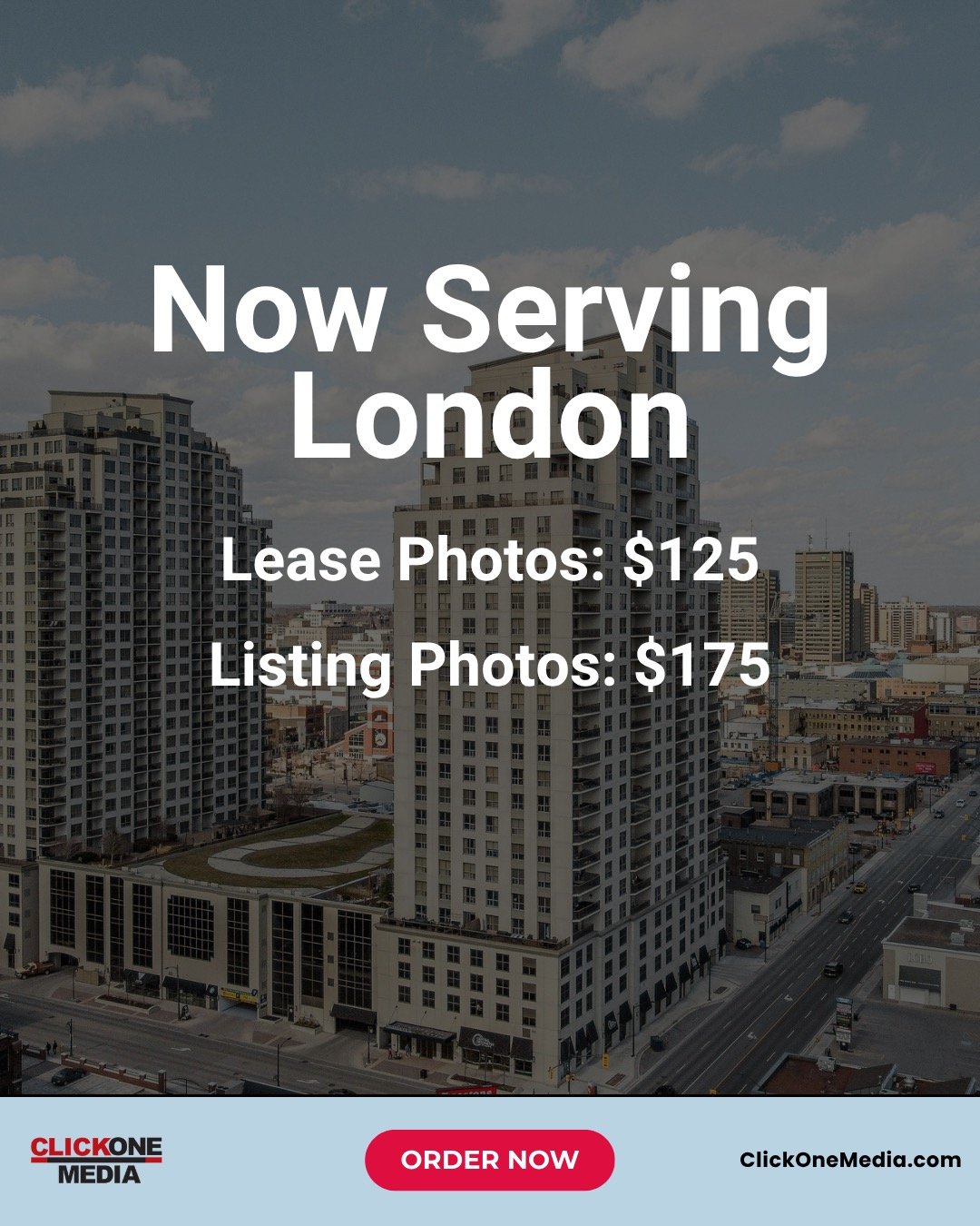 In Case You Didn't Hear, We have expanded our Reach to Include London, Ontario! Book Your Next Real Estate Photography at www.clickonemedia.com 

Former Realtor Providing You With Consistent, Stress Free, Reliable Solutions for Your Listings.

&bull;
