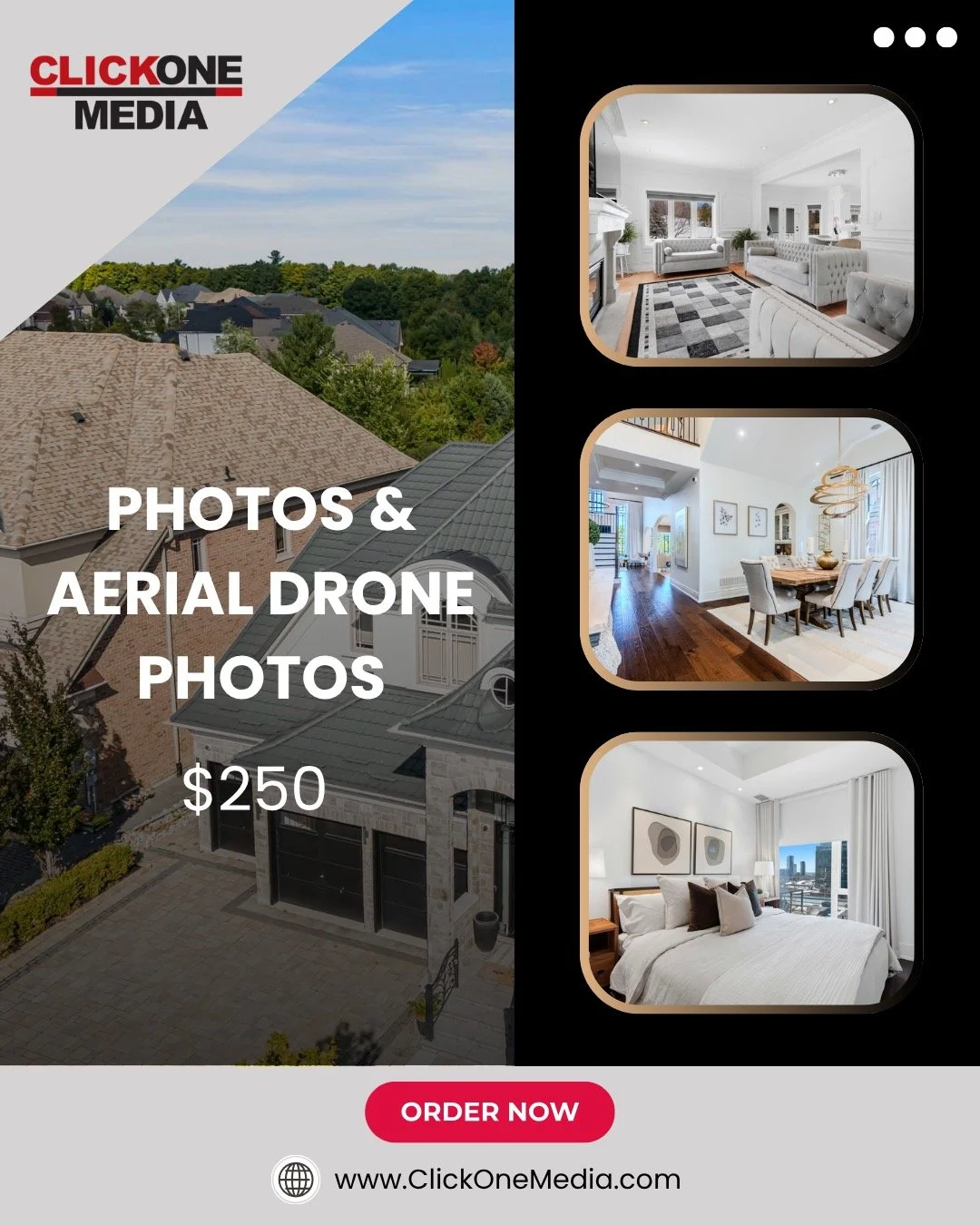 Photos &amp; Aerial Drone Photos $250 | Real Estate Photography www.clickonemedia.com 

Former Realtor Providing You With Consistent, Stress Free, Reliable Solutions for Your Listings.

&bull; Lease Photos
&bull; Listing Photos
&bull;&nbsp;Floor Plan