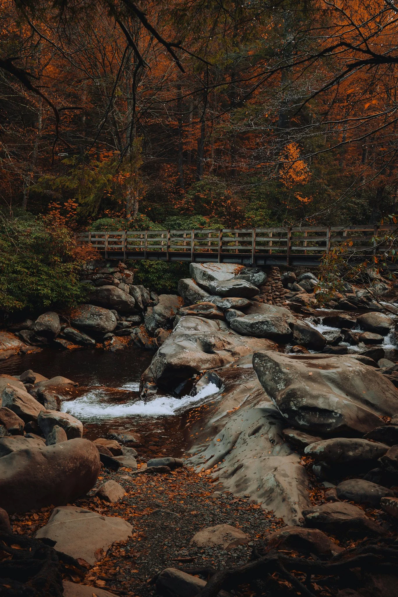 Autumn scene of a rocky creek with a wooden bridge above, surrounded by trees with orange and green leaves.