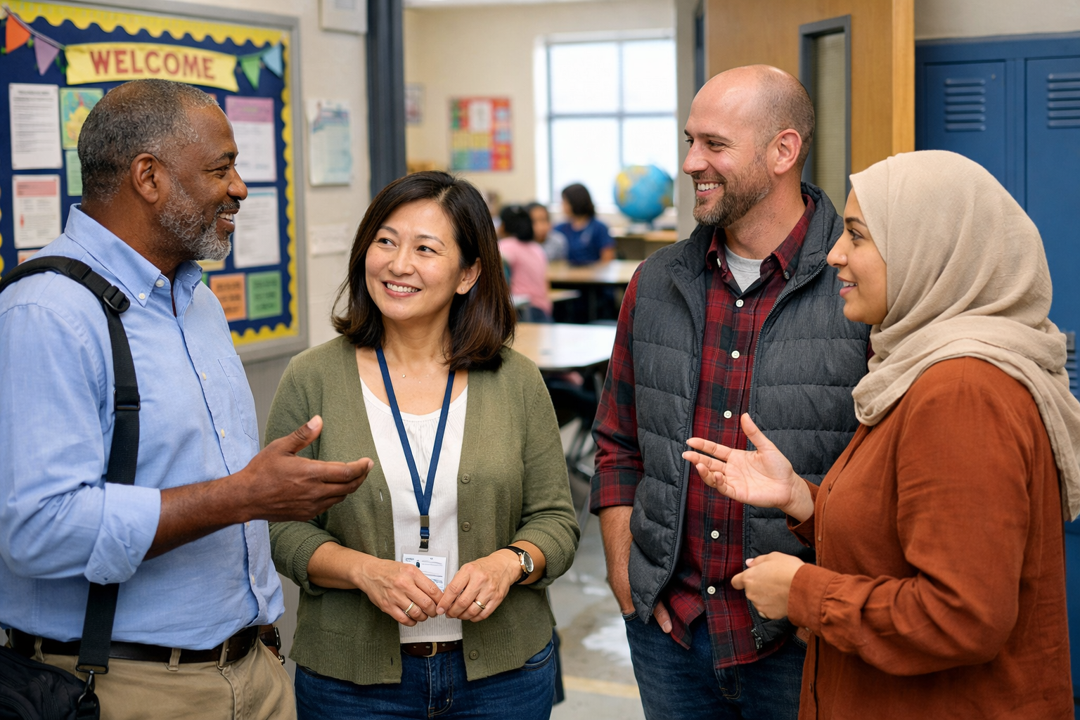 Diverse parents and educators speaking outside a classroom.