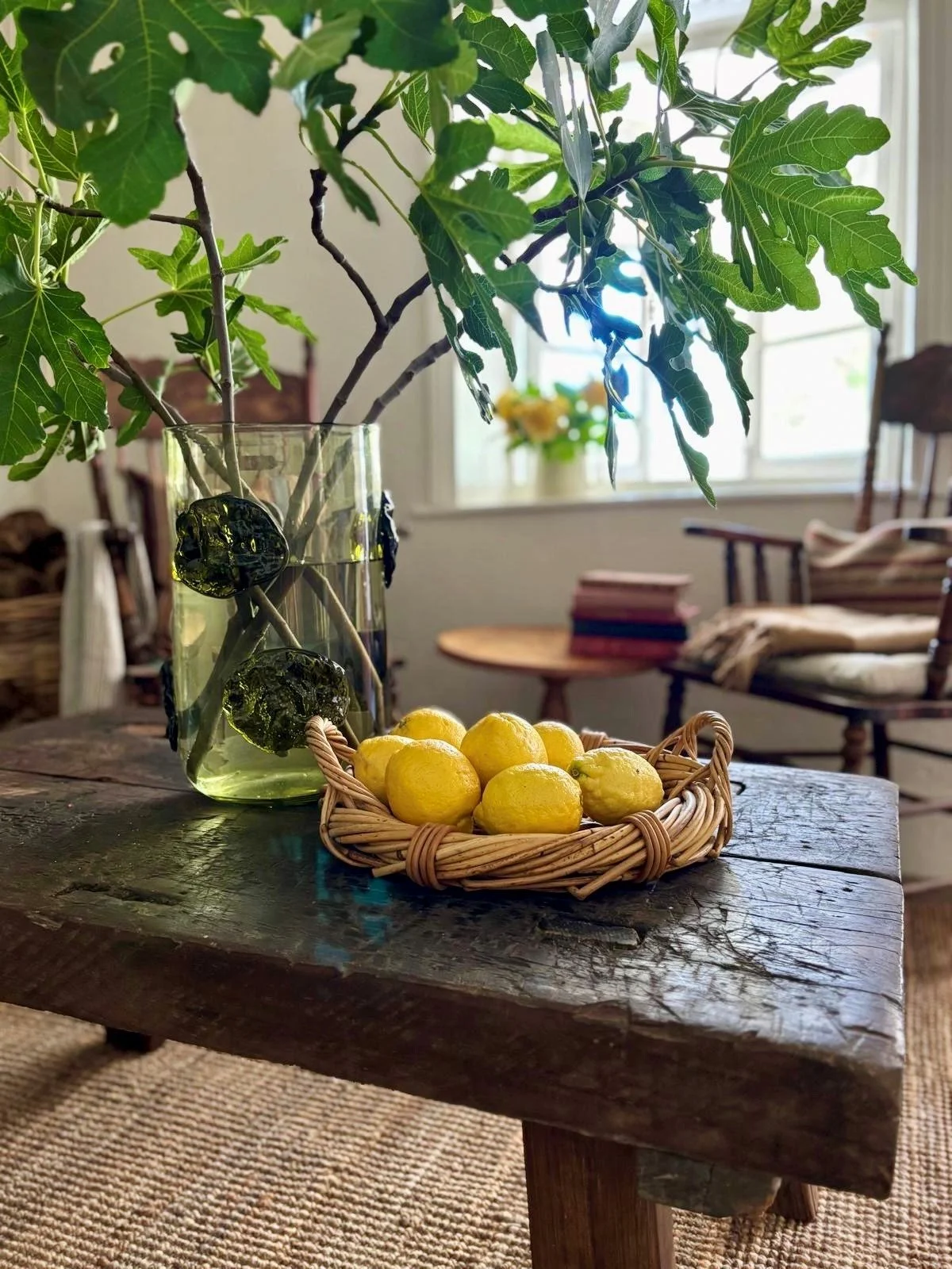 A rustic wooden table with a basket of yellow lemons and a glass vase filled with large green leaves and water, set in a room with chairs, books, and a window with sunlight.