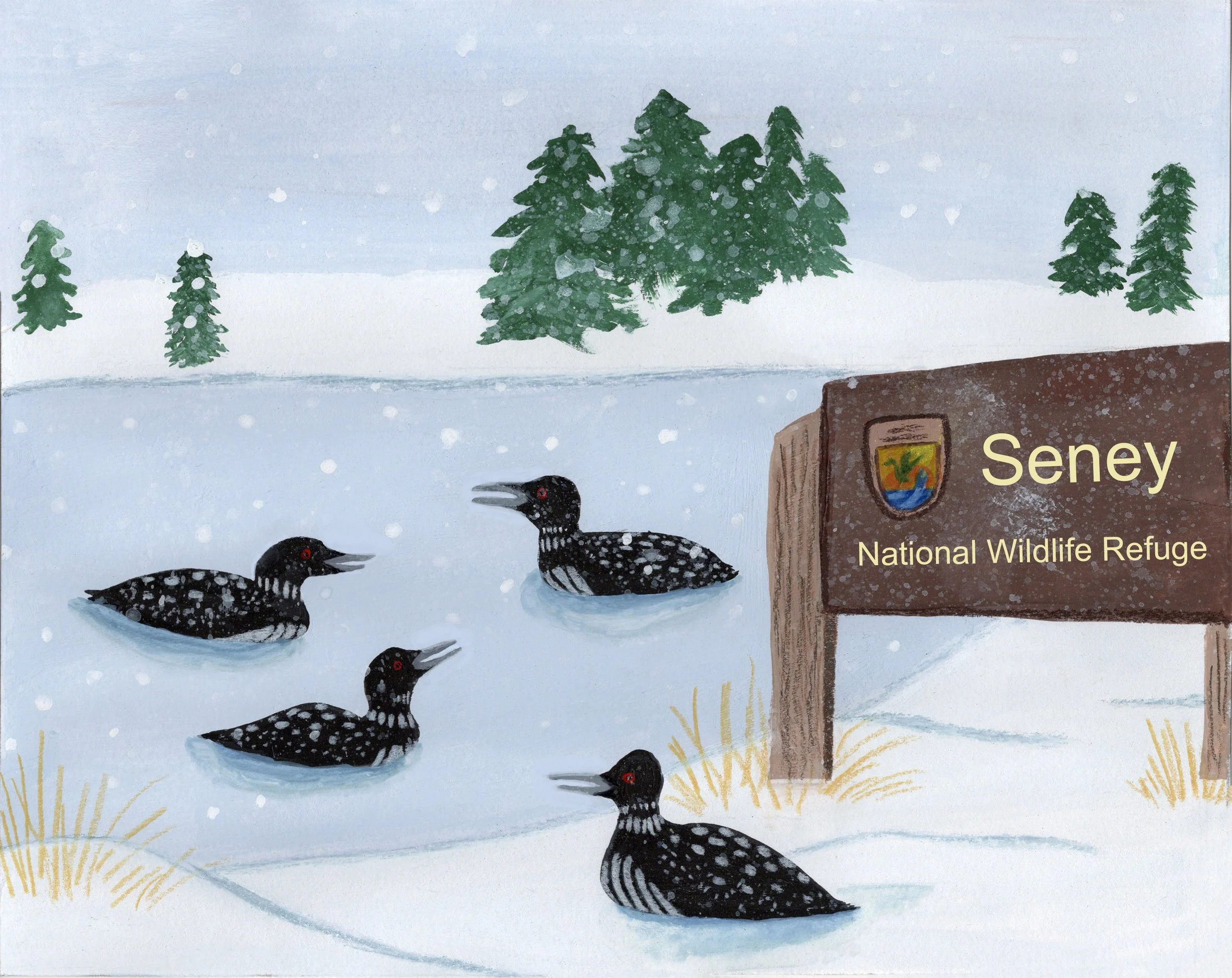 Page 4: Loons at Seney Wildlife Refuge, Mixed Media, 2024.