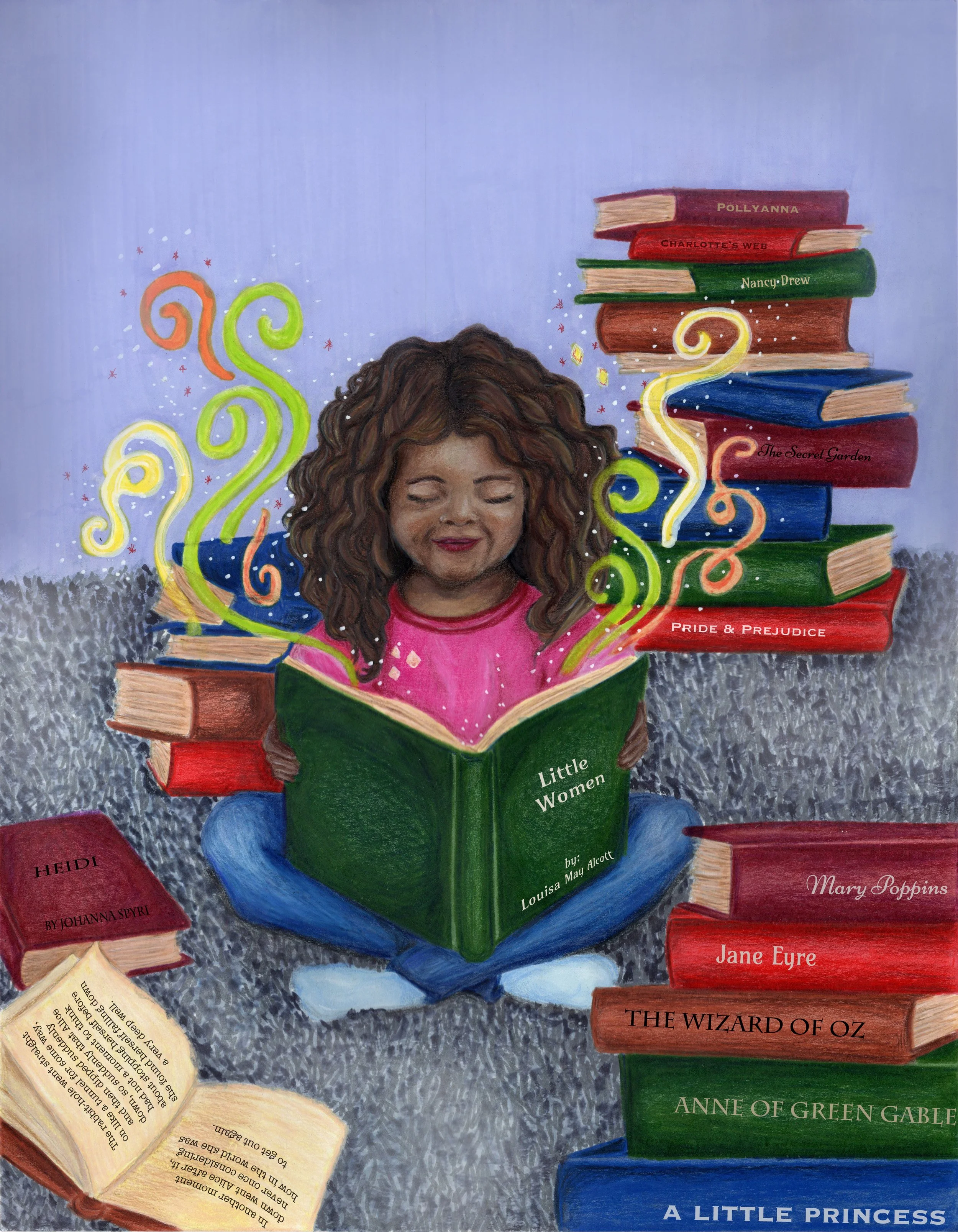 Feminine Characters, Books, & Readers, Mixed Media, 11 in. x 14 in. 2019, Exhibited on Girl Museum Website.