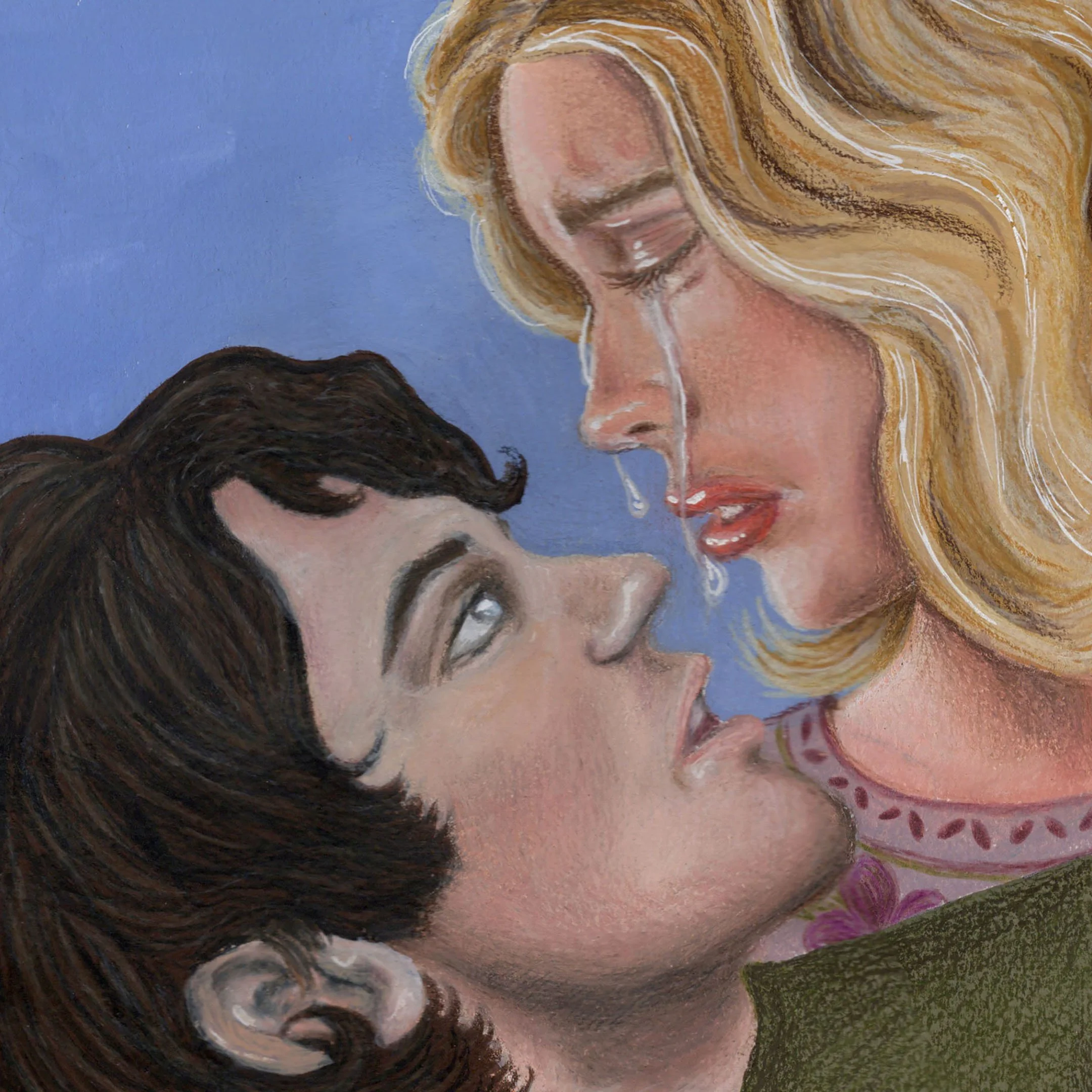 Rapunzel Cures Her Prince, inspired by the quote "...her tears fell upon his eyes, which immediately grew quite clear so he could see as well as ever.", Mixed Media, 2025. Folio Society Book Illustration Award Entry.