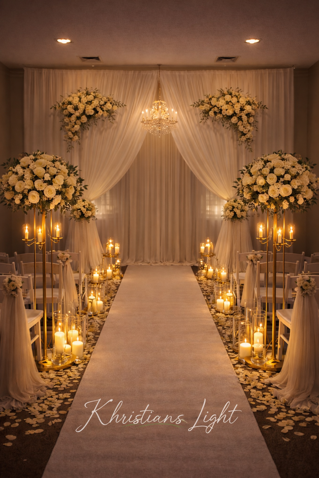 A wedding aisle decorated with white roses and candles, featuring a draped white curtain backdrop with a chandelier above. The floor is strewn with flower petals, and the scene is lit with warm candlelight. The words 'Khristians Light' are written on