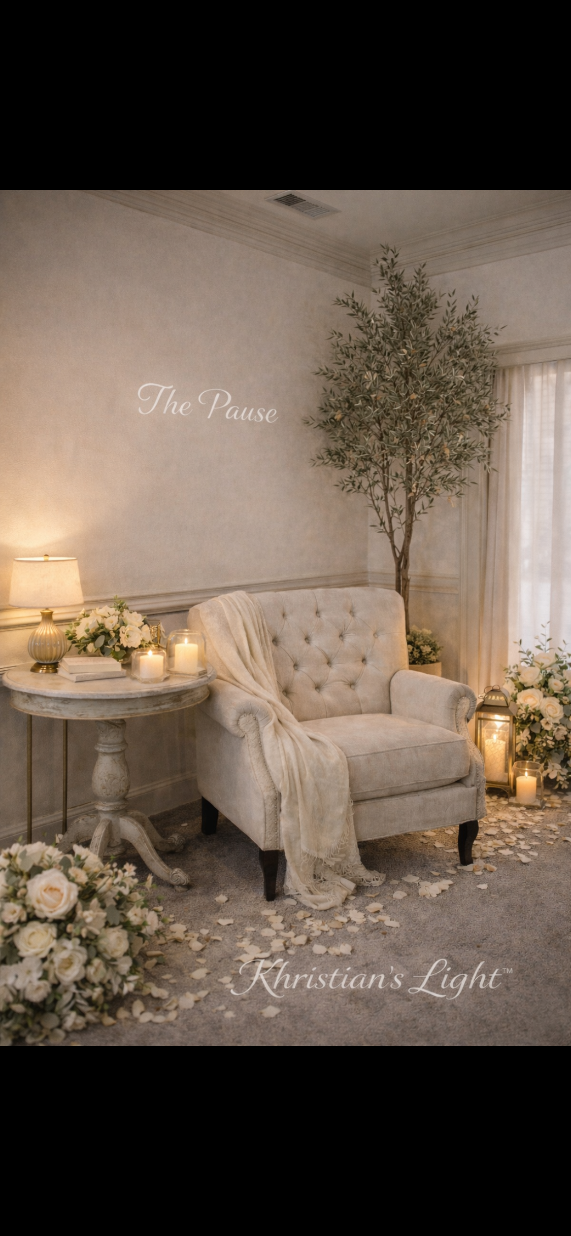 A cozy, elegant sitting area with a tufted beige armchair, a side table with candle holders, a lamp, and floral arrangements, decorated with white rose petals and illuminated candles, creating a serene ambiance.