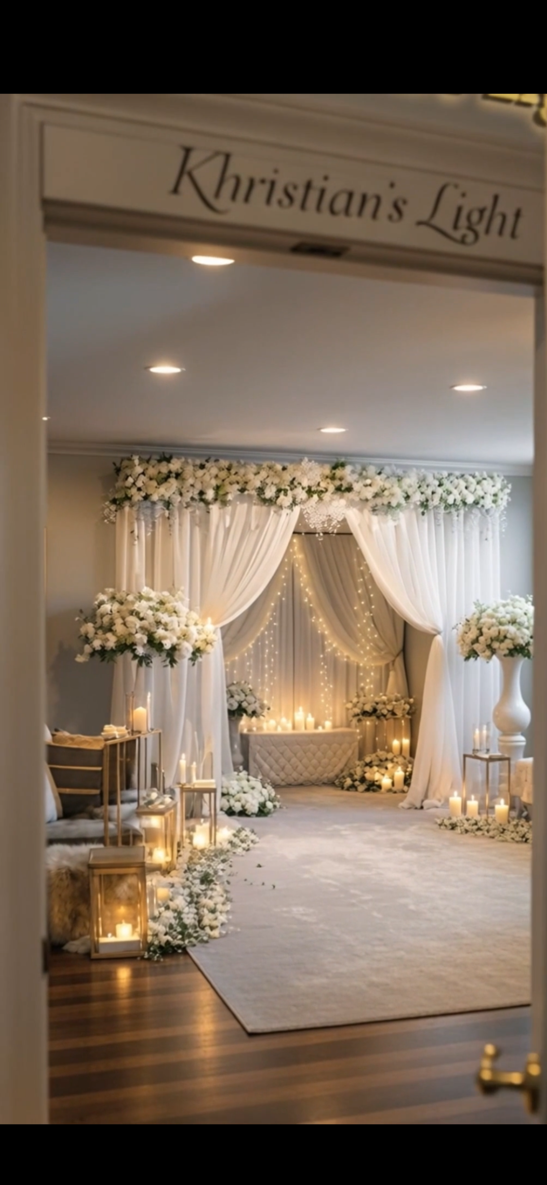 A wedding or event altar decorated with white curtains, flowers, and candles inside a room labeled 'Khristian's Light'.
