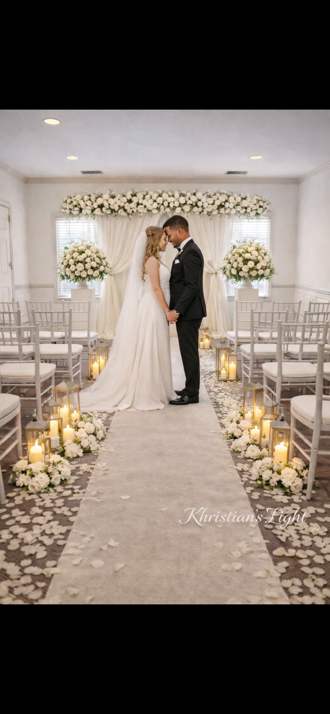 A bride and groom holding hands with foreheads touching in a wedding ceremony inside a decorated ceremony space with white flowers, candles, and chairs.