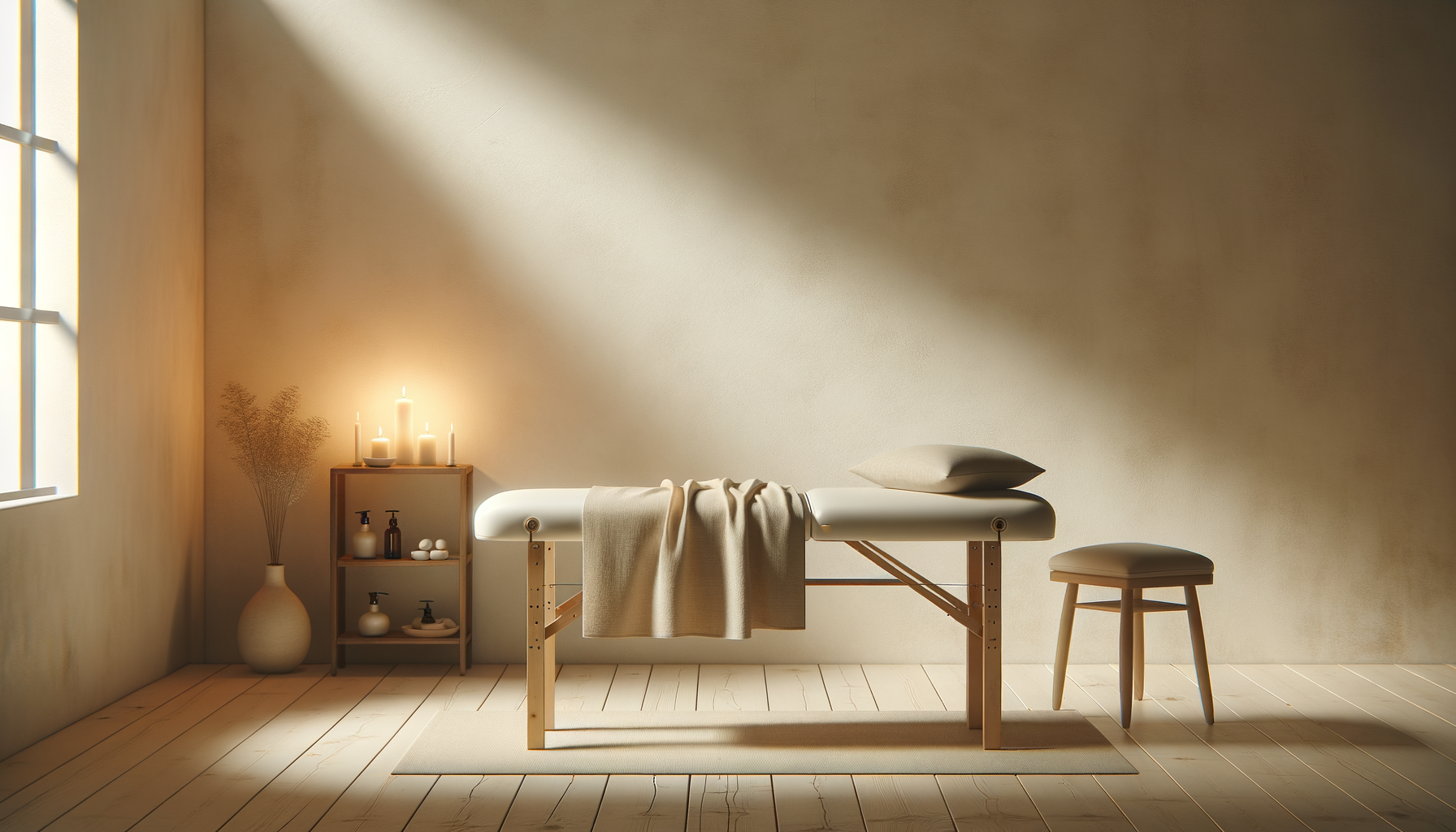 A massage table in a peaceful, softly lit room with candles, a stool, and decorative items.