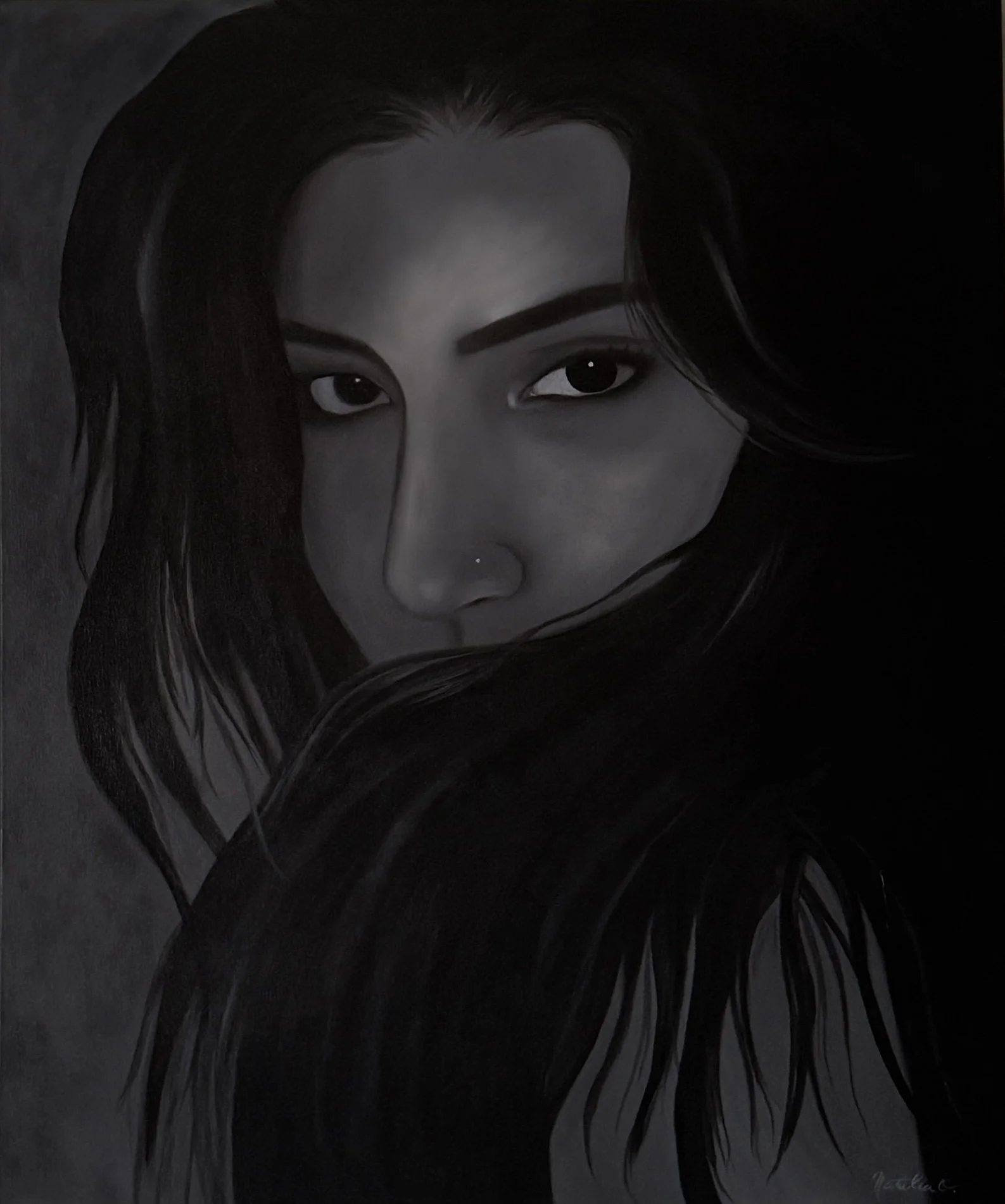 A monochrome portrait of a woman with long dark hair, partially obscuring one eye, gazing directly at the camera, with a shadowed background.
