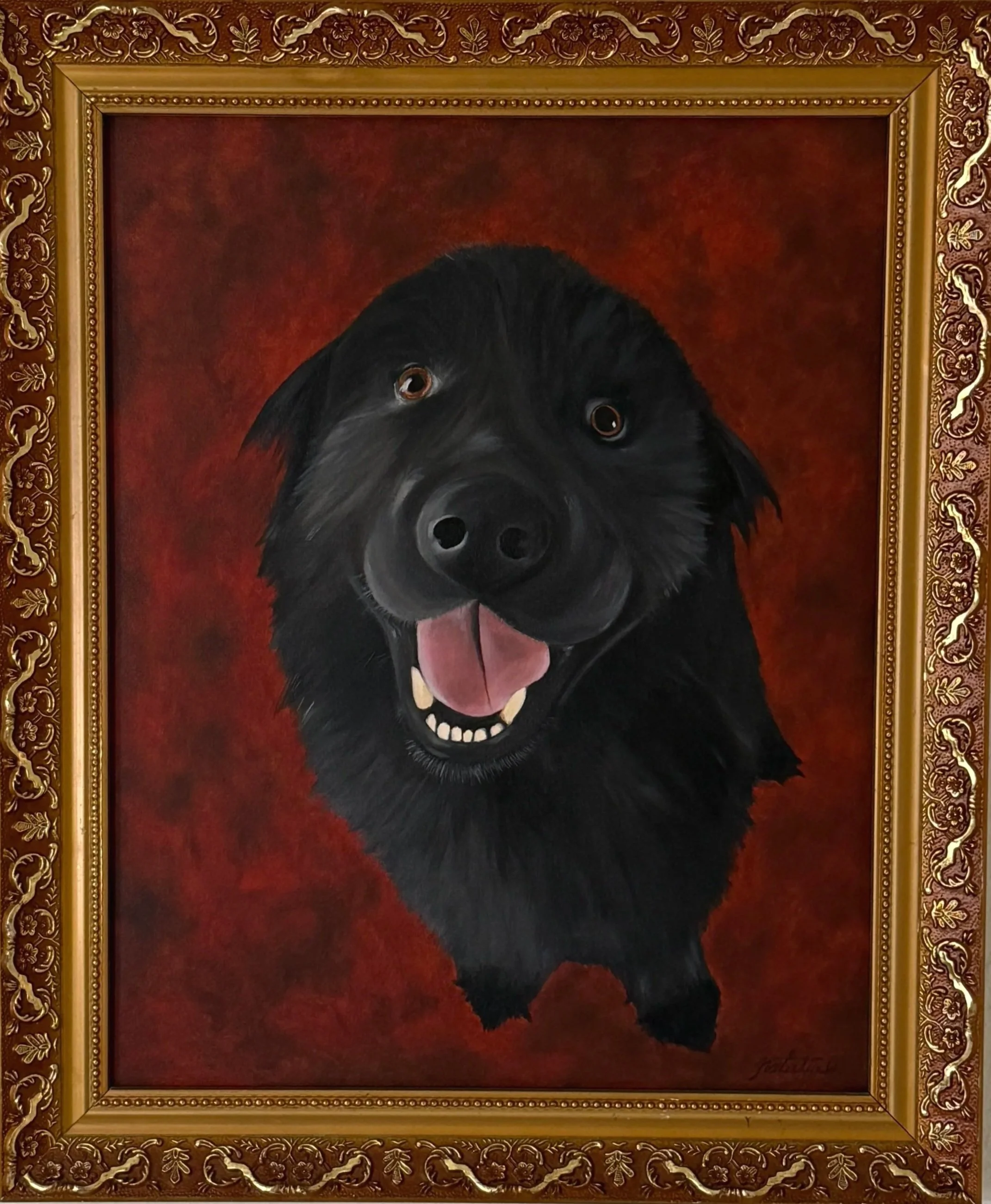 A painting of a black dog, possibly a retriever, with tongue out, framed with an ornate gold border, against a dark red background.