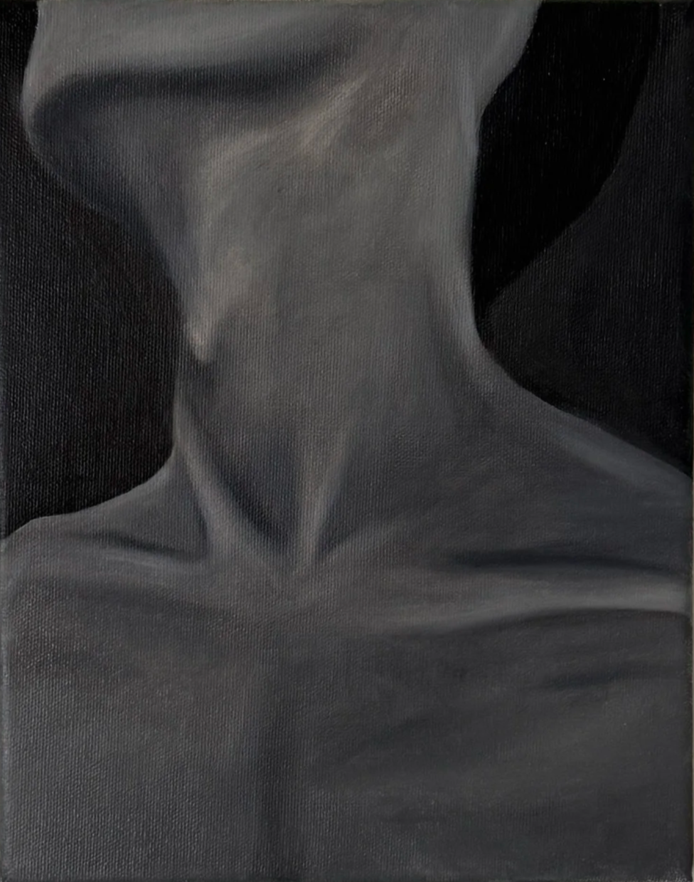 A black and white oil painting of a person's neck and shoulders with the head tilted back, focus on the contours and shadows.